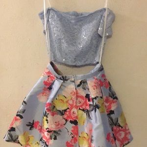 Two piece sparkly blue top with floral skirt